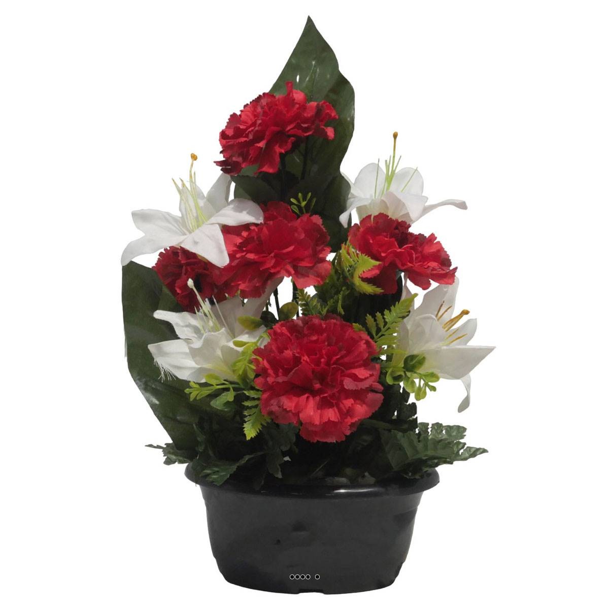 Jardinière fleurs artificielles pour honorer nos proches avec œillets et lys rouge vif
