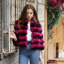 Women Real Rex Rabbit Fur Coat Natural Chinchilla Short Jacket Red Thick Outwear