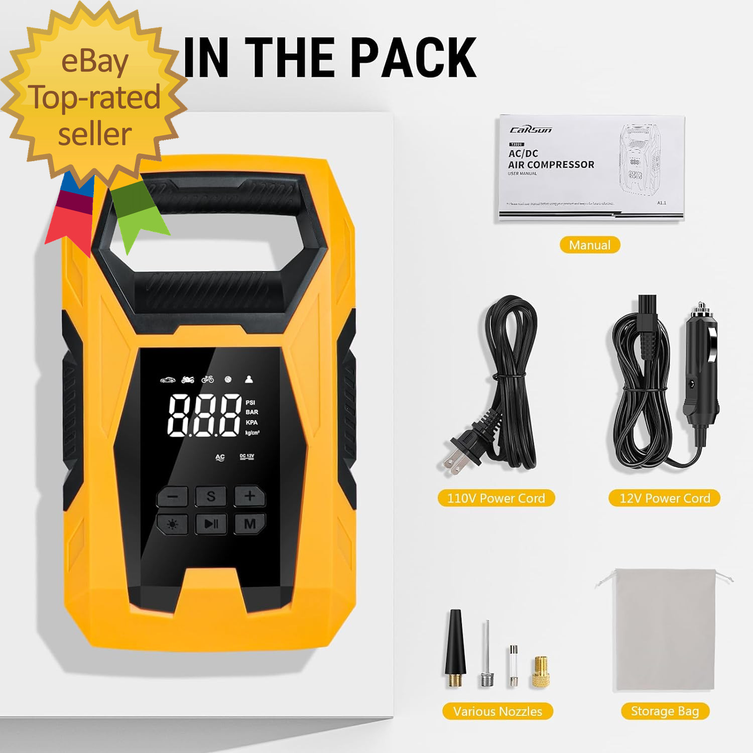 AC/DC Tire Inflator Portable Air Compressor, Dual Power for Home 110V AC and Car