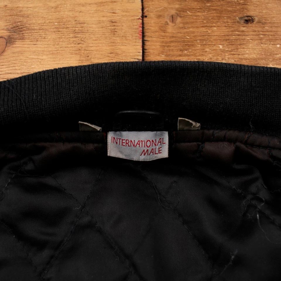 Vintage International Male Leather Jacket L Embroidered Bomber Black - Image 4 of 4