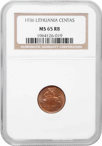 Lithuania 1 Cent 1936, NGC MS65 RB, "First Republic (1925 - 1938)"
