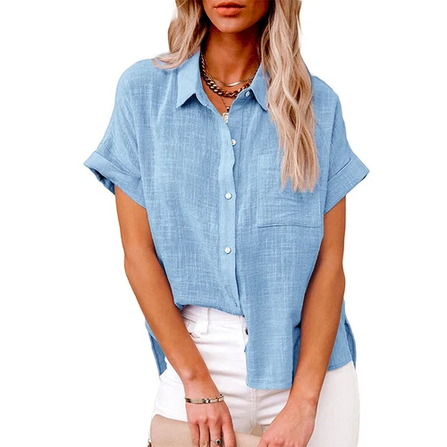 Summer Womens Tunic Shirts Ladies Short Sleeve Button Down Blouse Tops T Shirts - Photo 33/38