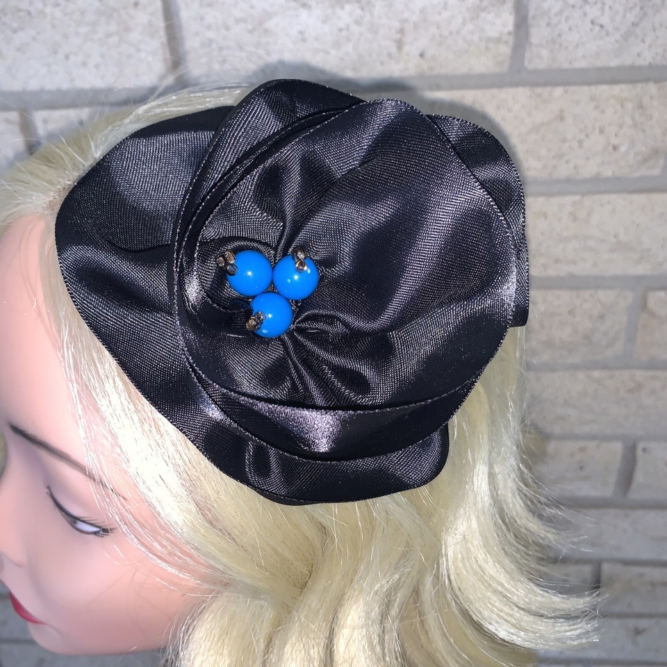 Ooak Taissa Lada Black Satin Flower Hair Clip Beaded Rhinestone Cluster