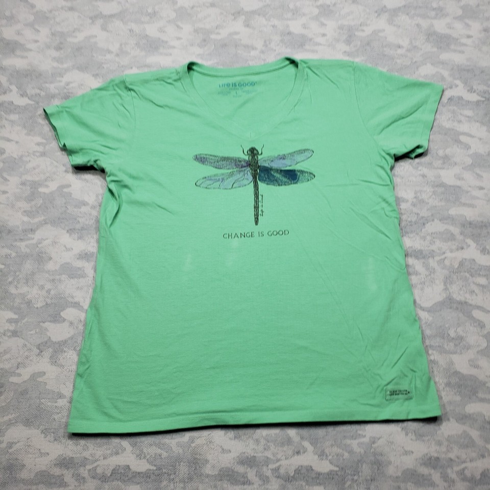 Life Is Good Top Womens Large Green Crusher Tee Dragonfly Print Change