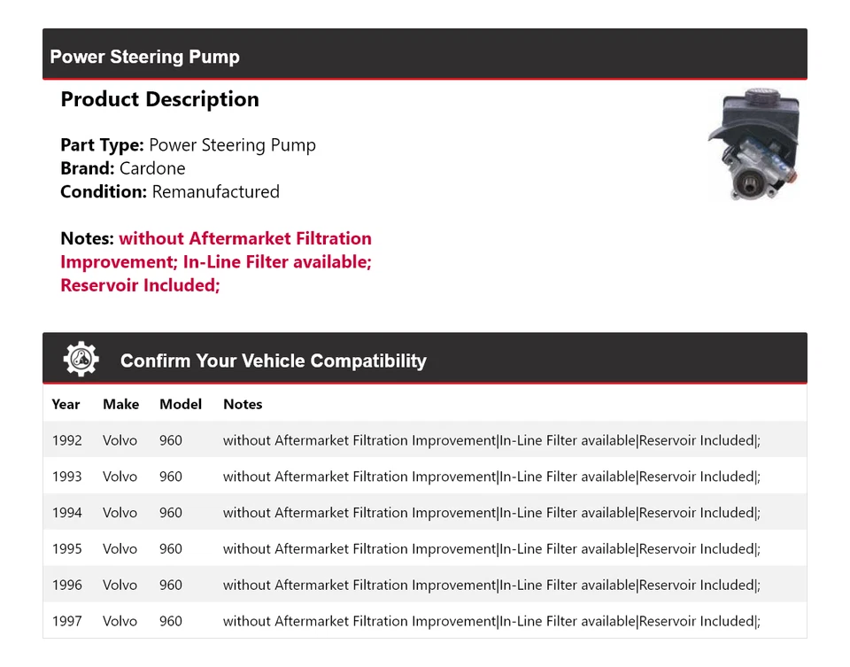 Bomba de dirección asistida Cardone para Volvo 960 1992-1997 1993 1994 1995 1996 Foto 2 de 4