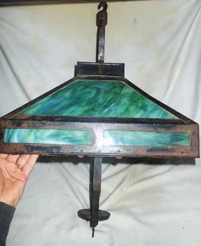 ANTIQUE MISSION ARTS CRAFT CEILING GREEN SLAG GLASS SHADE OIL LAMP METAL BRACKET - Picture 8 of 18