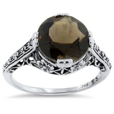 GENUINE SMOKY QUARTZ CLASSIC DESIGN 925 STERLING SILVER ART DECO STYLE RING 150X