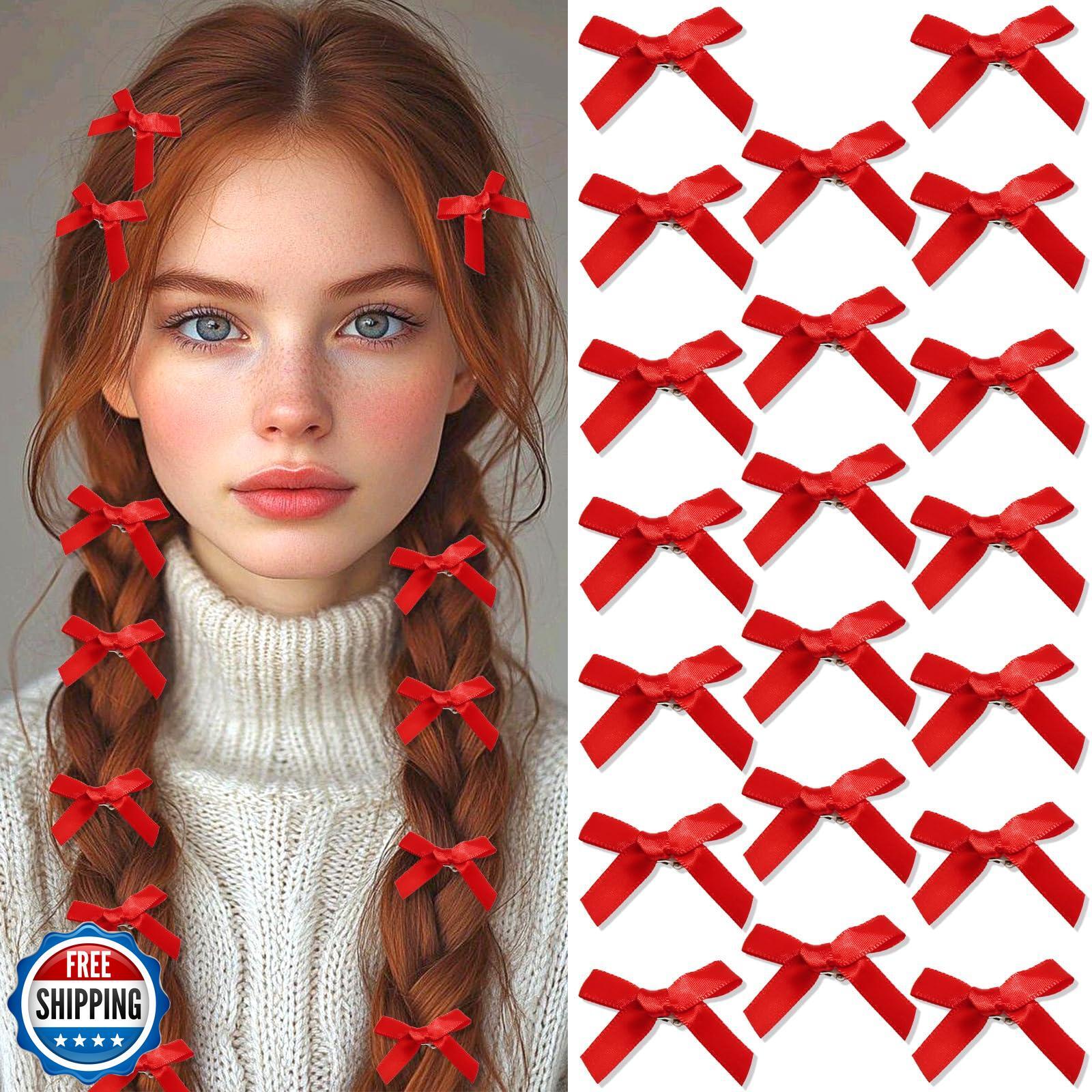 SAWINDA 20PCS Red Mini Hair Bows Small Silk Ribbon Clips