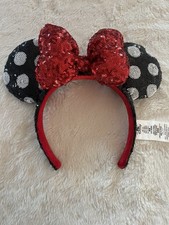 Disney Minnie Mouse Sequin Polka Dot Ear Headband Black Red White Satin Bow