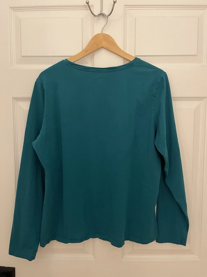 LLBean Navidad Vacaciones Mujer XL Verde azulado Camiseta Manga Larga Nieve Árboles Ciervo Buck Foto 3 de 4