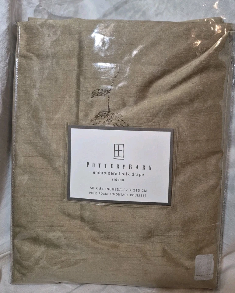 Cortina de seda bordada Pottery Barn forrada de algodón 50 x 84" verde oliva Foto 2 de 4