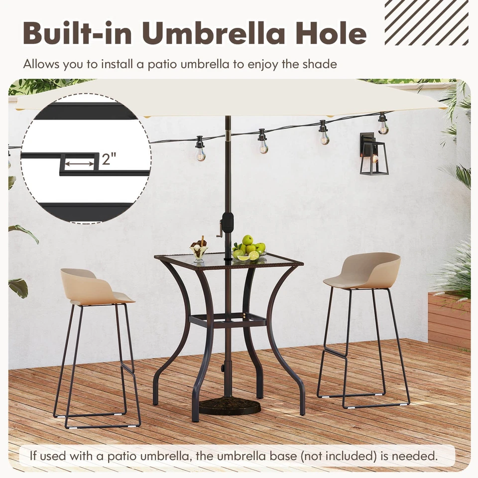 28.5'' Square Bistro Bar Table w/ 2" Umbrella Hole Silkscreen Glass Tabletop - Image 4 of 4
