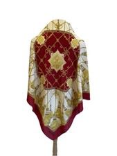 AS Daniel La For t Designer Silk Scarf Red  Gold Heraldic Chain Print