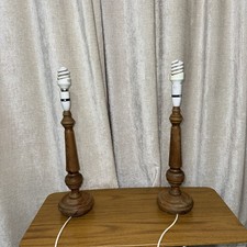 Pair Of Wooden matching pine table lamps with long cables, safety P.A.T tested 