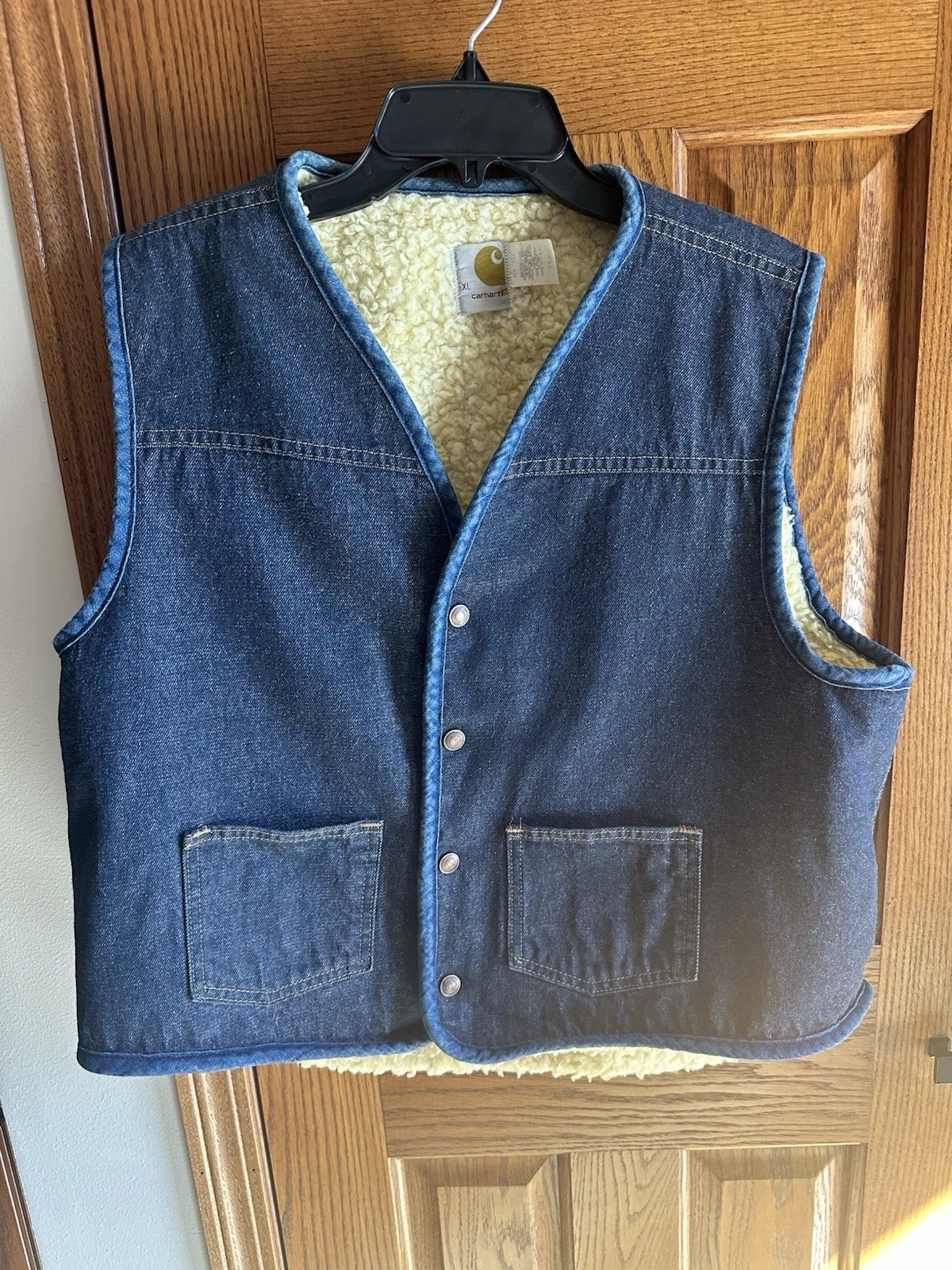Vintage CARHARTT Denim Vest Sherpa Lined Snap Men’s Sz XL USA Western 80’s 90’s
