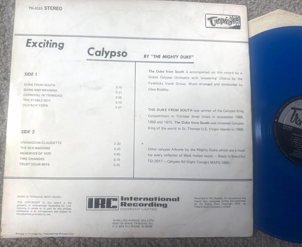 Blue Vinyl Exciting Calypso Record The Mighty Duke Voice Of Trinidad LP - Image 2 of 4