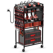Large Power Tool Organizer Cart with Charging Station, Garage Floor Standing
