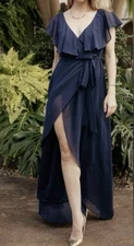 BALTIC BORN Katya Ruffle Maxi Dress Navy Blue Size XXL Bridesmaid Wrap Front