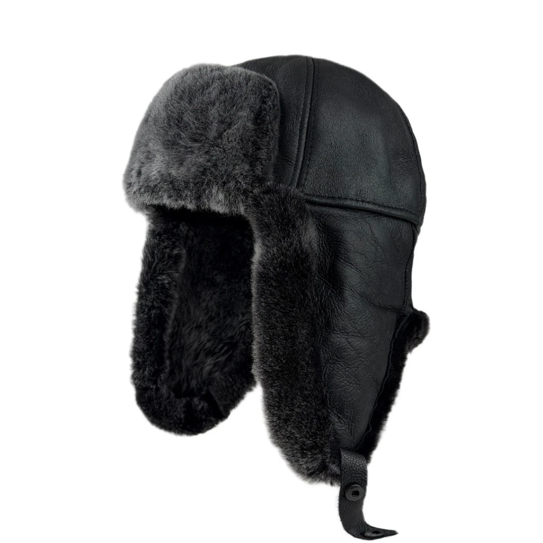 Handmade Real Sheepskin Leather Trapper Hat — Warm Winter Black Hat for men