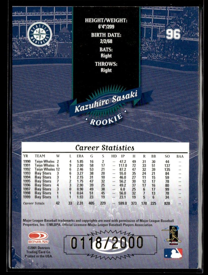 2001 Donruss 2000 Retro Kazuhiro Sasaki RC 0118/2000 Seattle