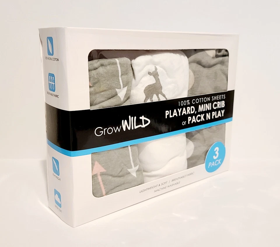 Mini lençóis de berço respiráveis macios ajustados pacote com 3 100% algodão cinza branco rosa - Imagem 2 de 4