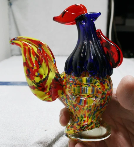 Vintage Murano Style Hen Rooster Glass Figurine Original Medium Size Colorful