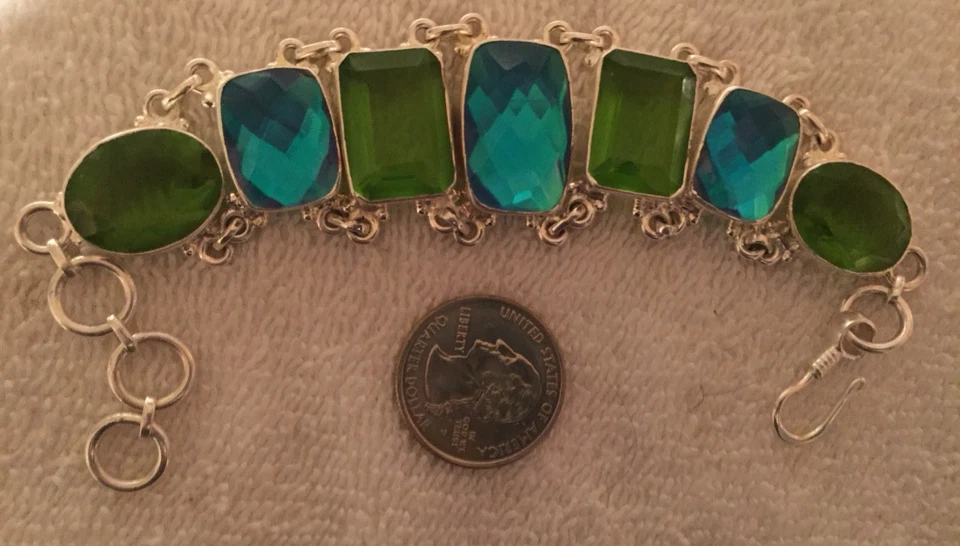 ✨Impresionante brazalete de eslabones de plata de cuarzo facetado azul y verde lima cadena ajustable-8"" Foto 4 de 4