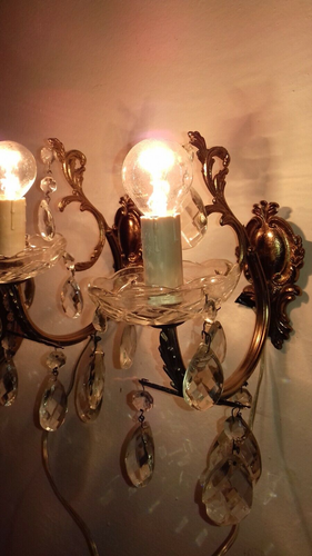 COPPIA APPLIQUES D'EPOCA OTTONE CRISTALLI PAIR BRASS ANTIQUE SCONCES - Foto 2 di 9