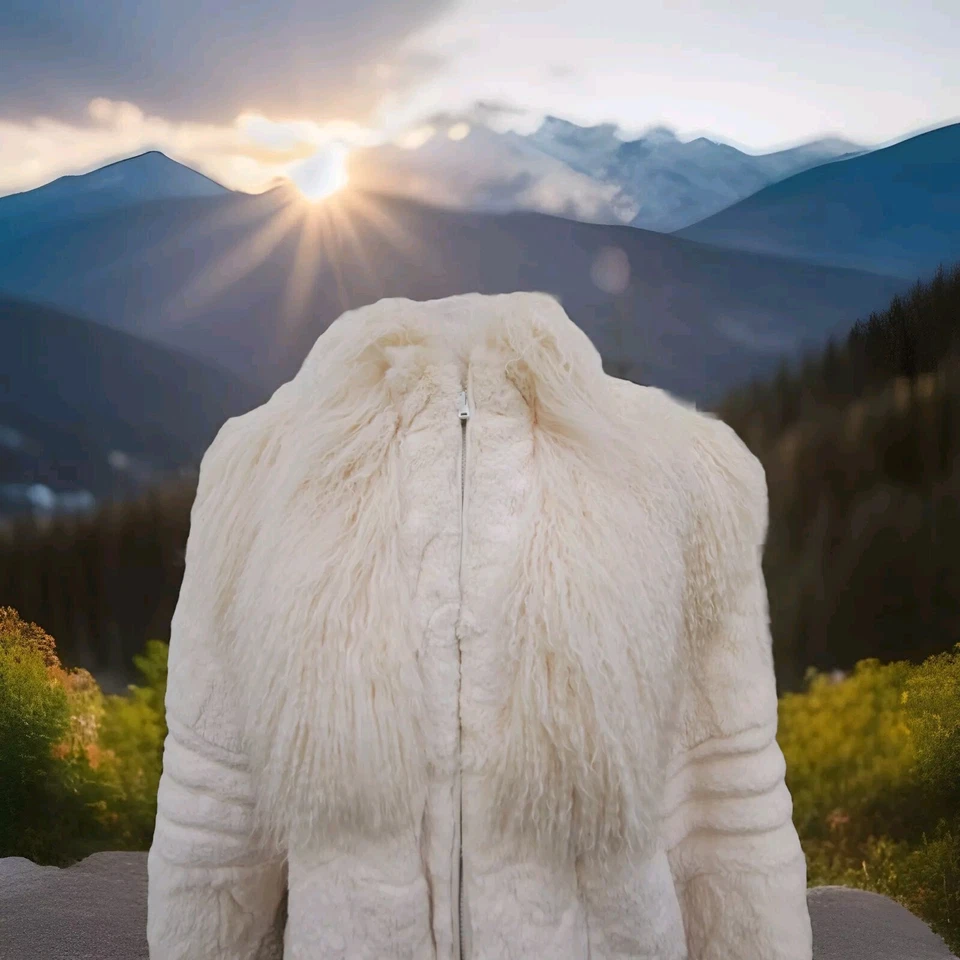 VTG 80s Boho Lux Retro Cream Mongolian Lamb Sheared Rabbit Fur Jacket Coat Sz M - Image 2 of 4