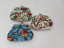 VGC Owl Coin Change Purse Lot of 3 Kiss Clasp White Green Blue 4" w x 3.5" h