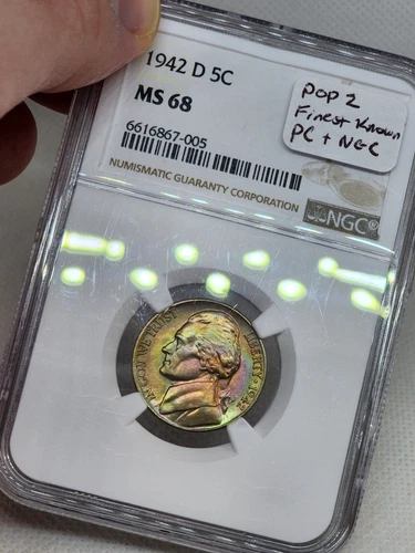 1942 D Jefferson Nickel NGC MS68 Rainbow Toned Monster Color POP 2 Finest Known