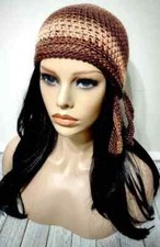 handmade crochet womans biker skull hat beanie chemo brown tones new
