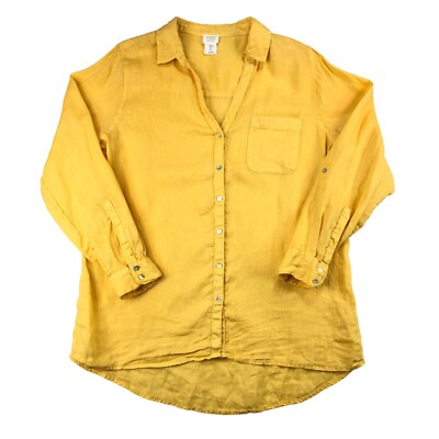 Sigrid Olsen 100% Linen Button Shirt Roll Tab Sleeve Top Blouse Large Yellow