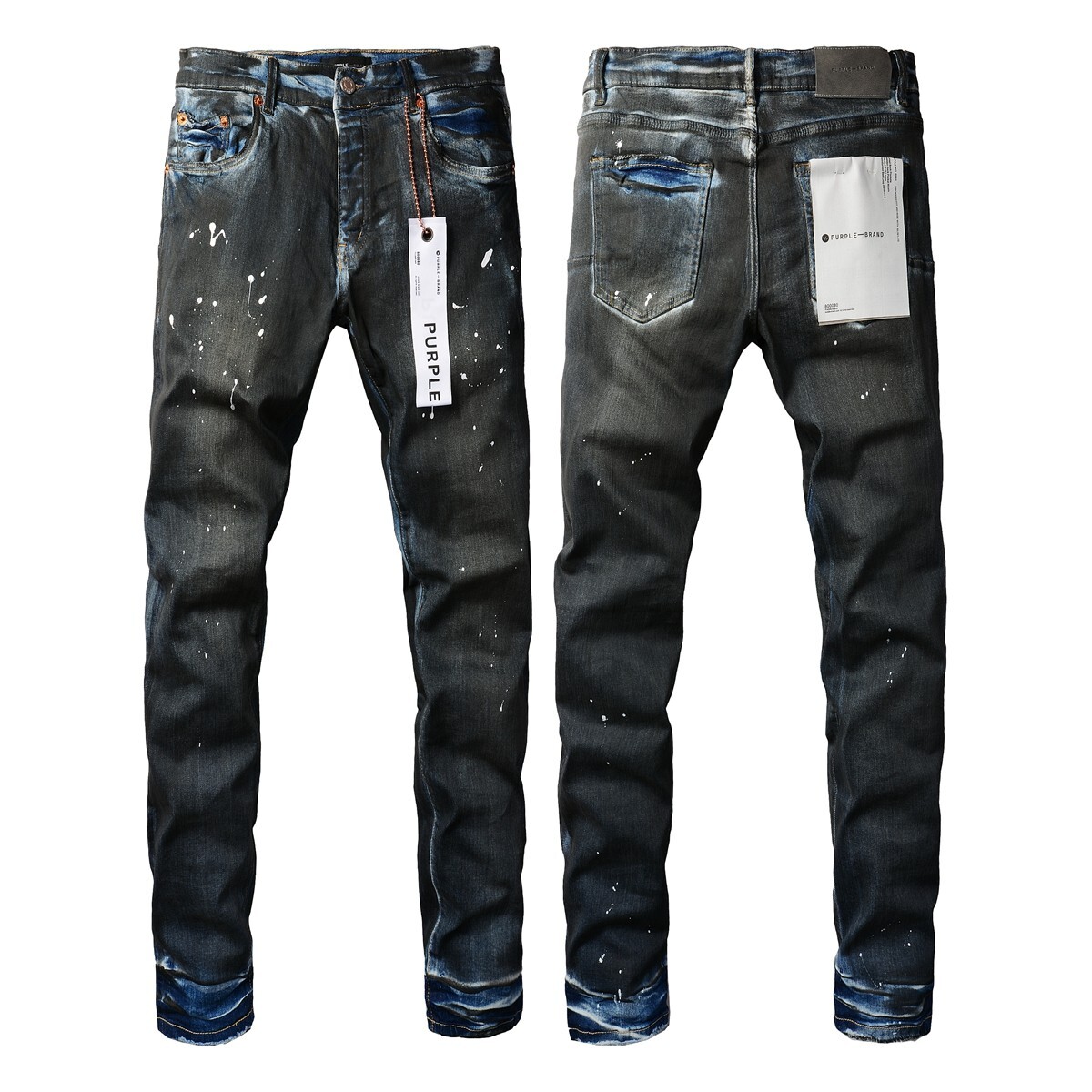 Men's Black Purple Brand Logo Slim Fit Splash-Ink Jeans - Fashion Denim With Personality