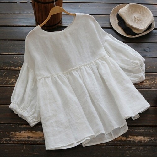 Lady Cotton Linen Top T-Shirt Puff Sleeve Blouse Solid Loose Baggy Summer Casual - Picture 6 of 10