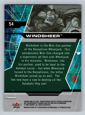 2003 Fleer Transformers Armada #54 Windsheer Mini Con Trading Card