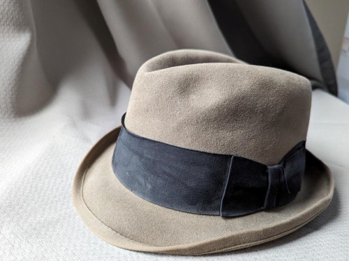 1940s vintage CHAMP kasmir wykończenie 7-1/8 brązowy futrzany kapelusz fedora - Zdjęcie 1 z 11