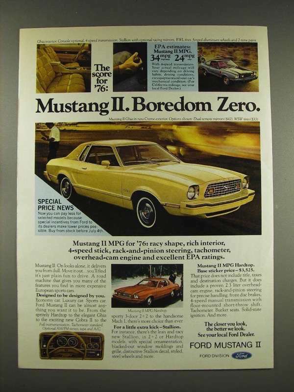 1976 Ford Mustang II Ghia Car Ad - Boredom Zero | eBay