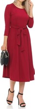 NWT $43 STRETCH  CHARMYI BURGUNDY  Women's A-Line Midi Dress Waist Tie & POCKETS