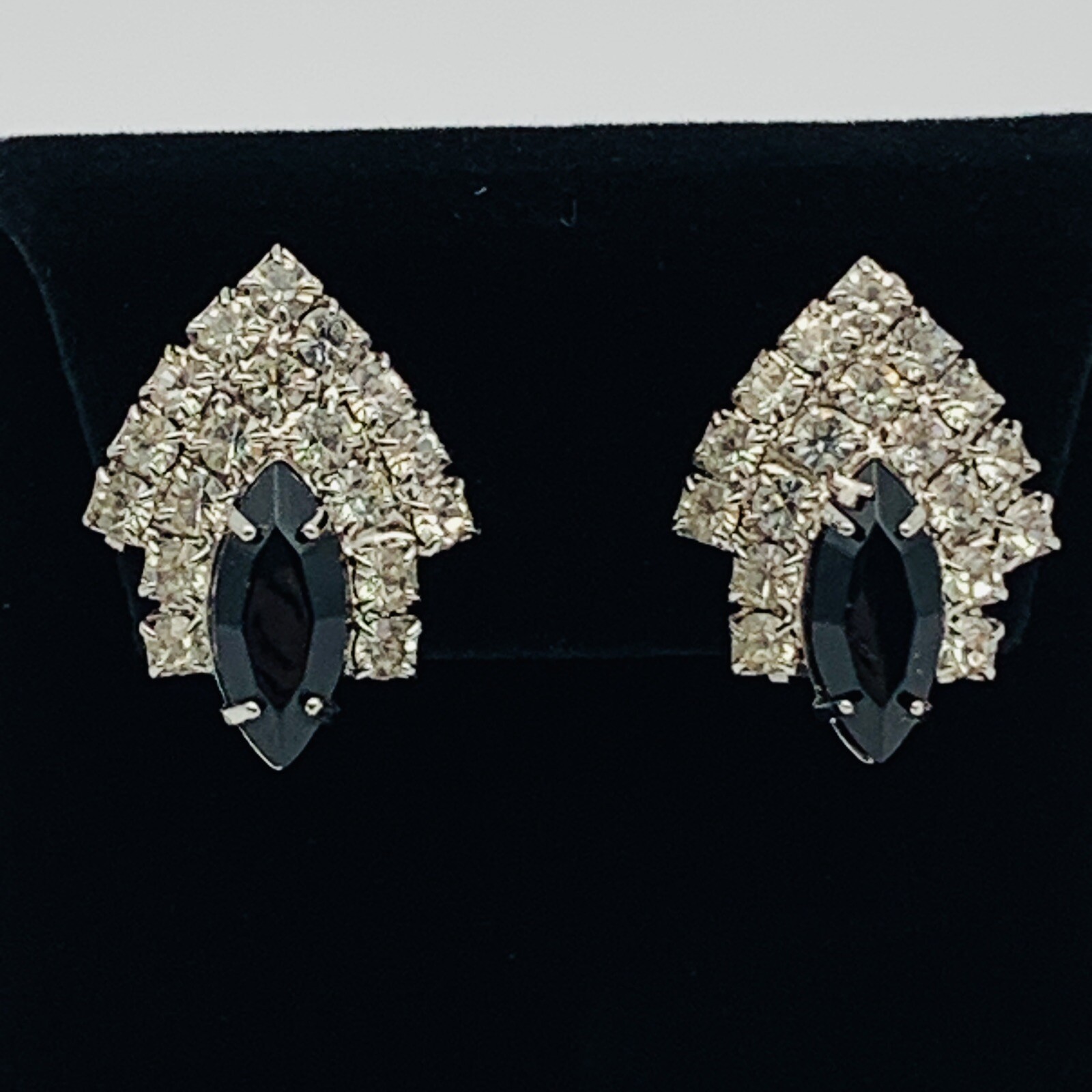 VTG Clip Earrings Black Clear Rhinestone Art Deco Style Costume Jewelry