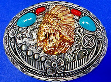 Native American Indian Chief in Head Dress Faux Turquoise  Coral Belt Buckle