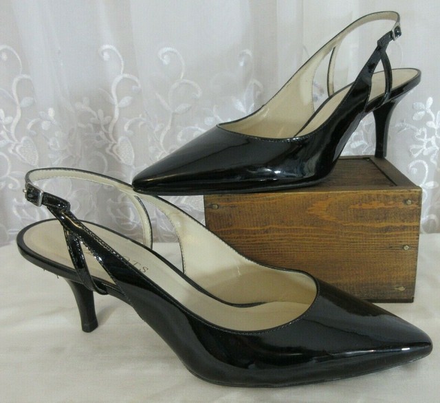 Womens Talbots Black Patent Leather 8B Kitten Strappy Slingbacks High