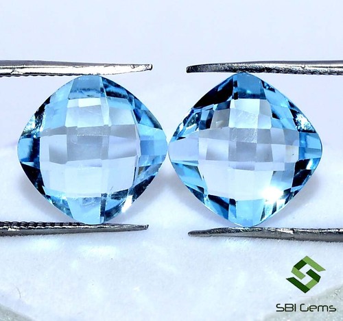 Certified Natural Swiss Blue Topaz Briolette Cushion Checker Cut 10mm Loose Gems - Picture 2 of 6