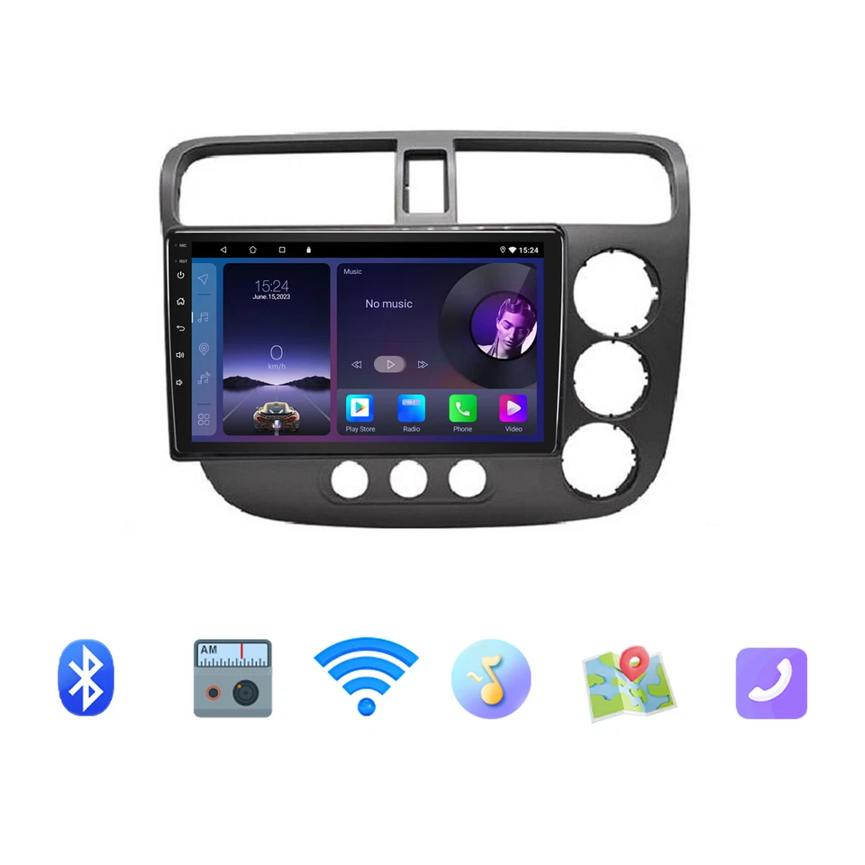 Unidad principal automática inalámbrica Apple CarPlay y Android de 9" para Honda Civic 2000-2005 sedán Foto 2 de 4