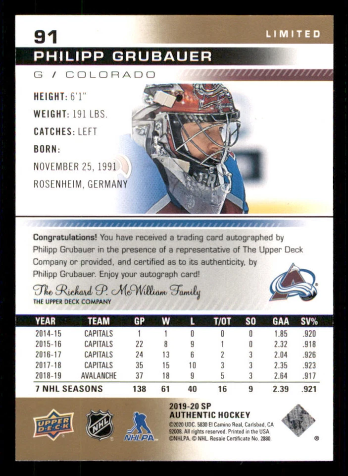2019-20 SP Authentic Limited AUTO #91 Philipp Grubauer D - Image 2 of 2