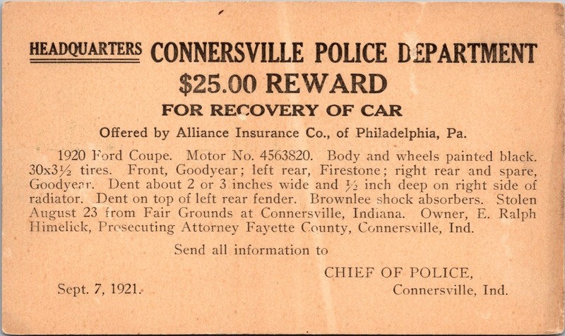 1921 Connersville Police Stolen Ford Coupe Reward Postal Card Indiana