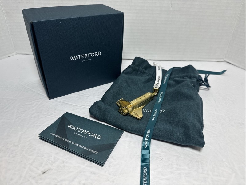 WATERFORD CHRISTMAS METAL ROCKETSHIP GOLDEN ORNAMENT NEW IN BOX