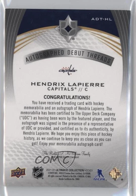 2021-22 Ultimate Collection Debut Threads /99 Hendrix Lapierre Rookie Auto RC - Image 2 of 2