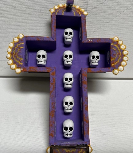 Nicho Mexicano Skull Day Of The Dead Mexican Shadow Box Hanging Cross - Picture 2 of 5