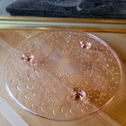 Vintage US Glass Shaggy Daisy Pink Depression Glass Footed Cake Plate 9”